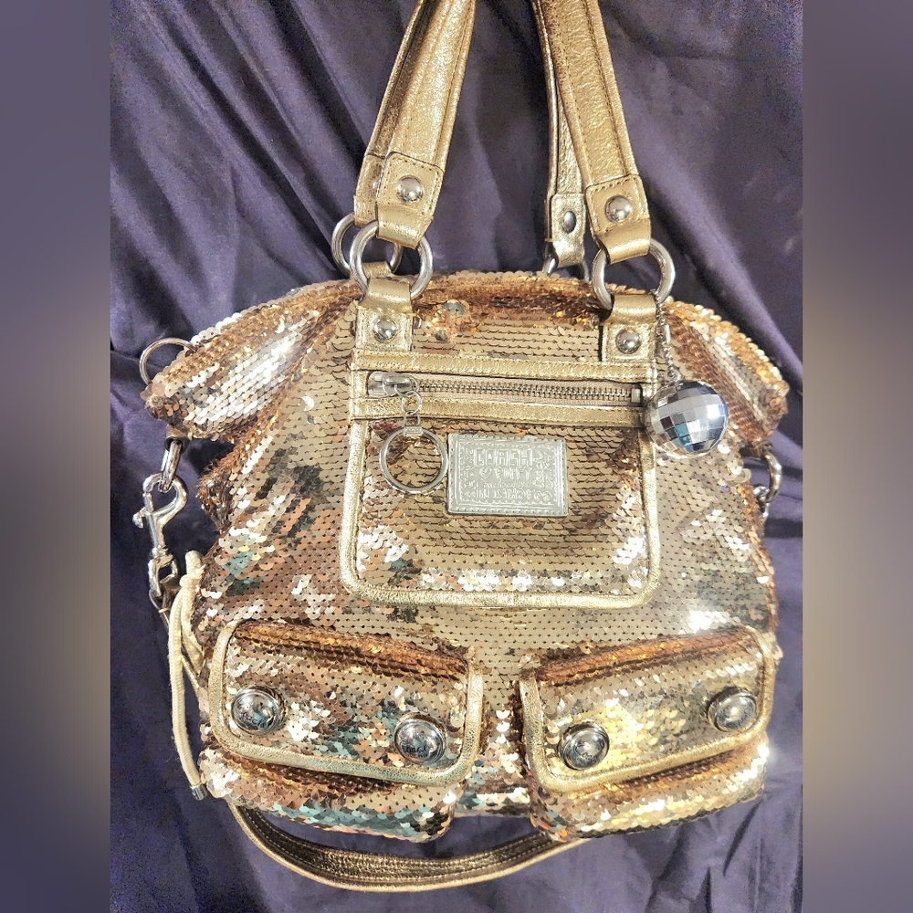 Coach Limited Edition Y2K Gold Sequin/Leather Spotlight Poppy Disco Shoulder Bag
